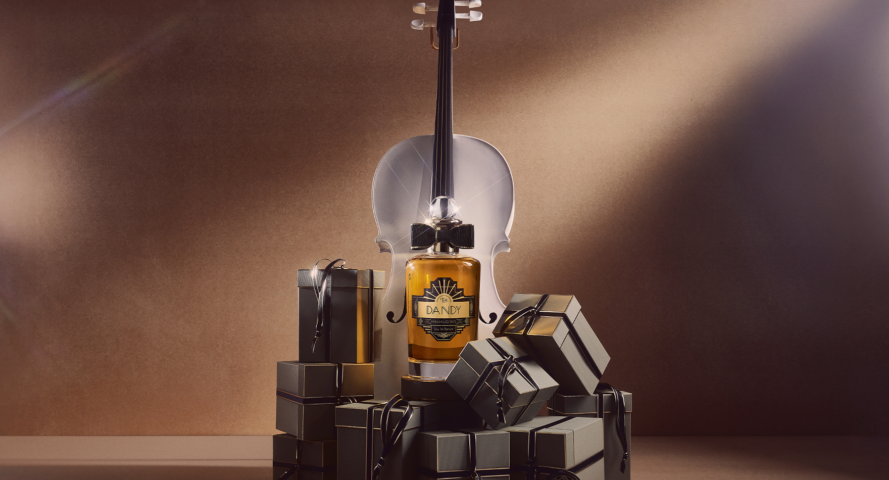 the dandy in front of electric guitar and gift boxes