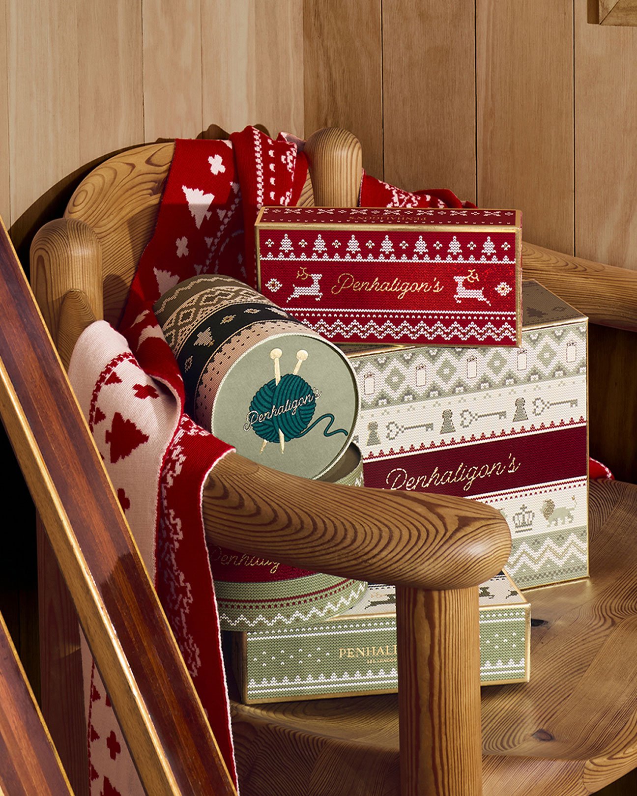 Penhaligon's gift boxes on wooden chair