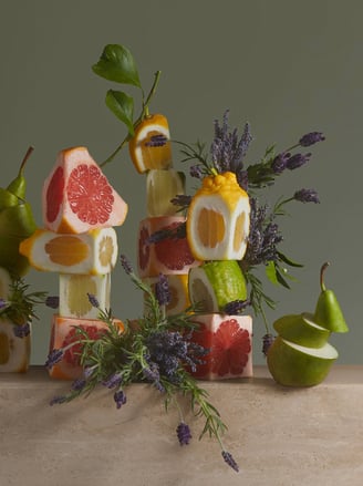 Citrus fruits, pear, lavender