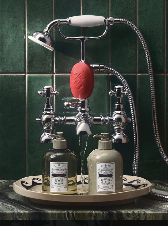 Halfeti Body Wash &amp; Lotion in pine green tile bathroom
