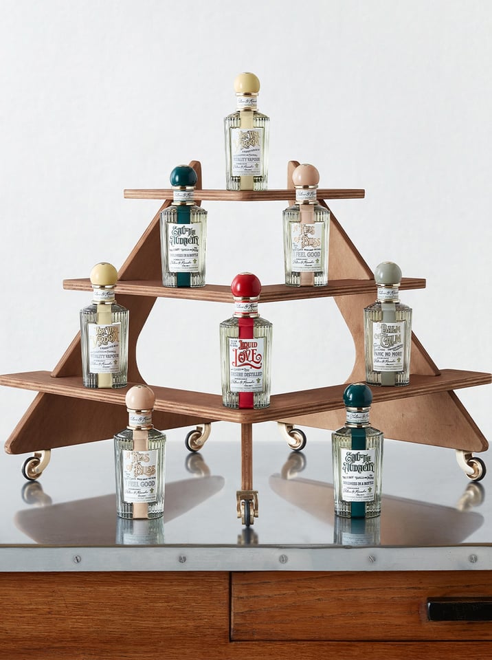 Potions and remedies collection displayed on wooden stand