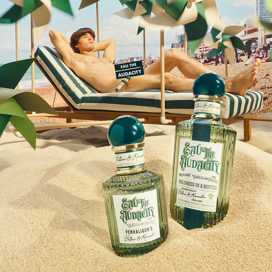Eau the audacity fragrance on beach with matching deck chair