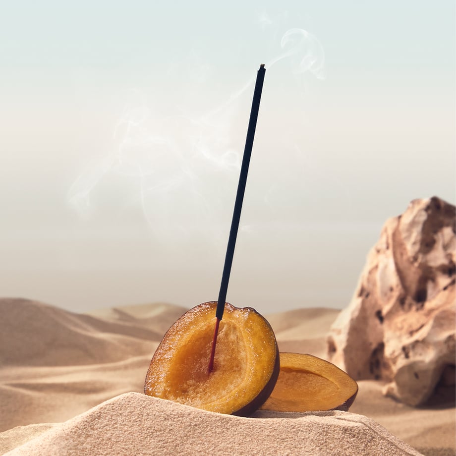 Plum with incense sticks in desert