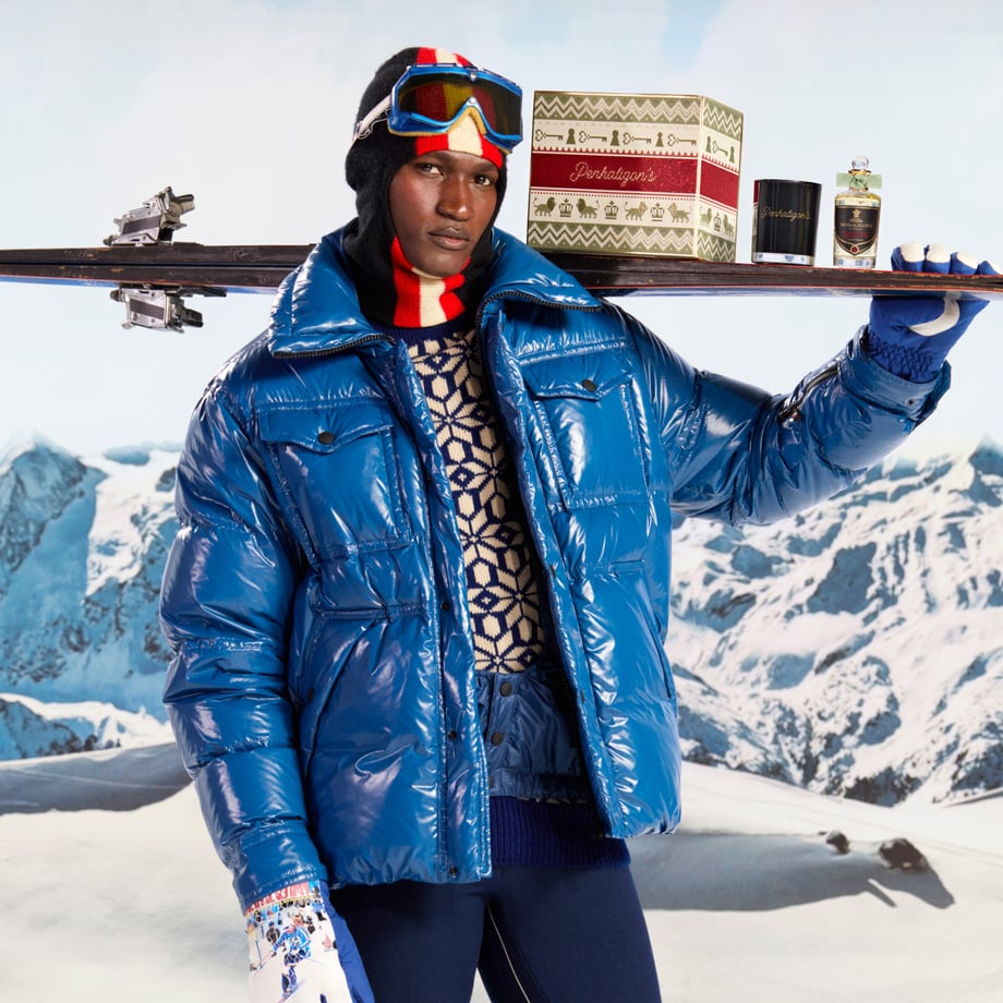 Man holding ski board with Halfeti luxury gift set